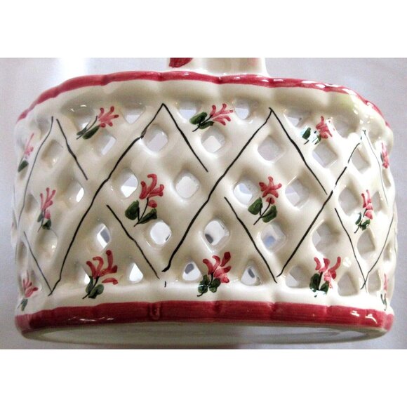 Vintage Porcelain Holu Hand Painted Open Weave Basket Flowers Handle Portugal - Picture 3 of 5